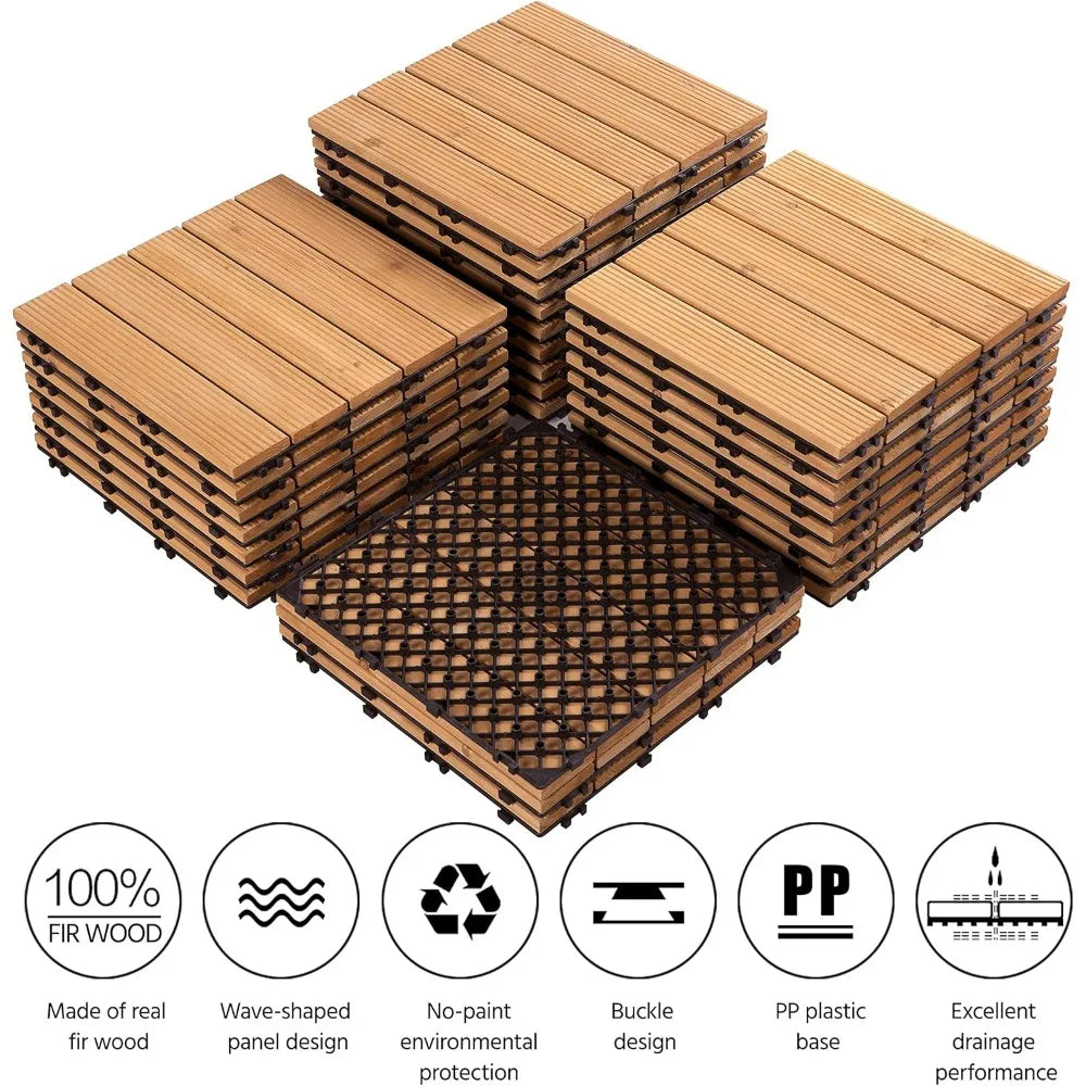 27PCS Interlocking Patio Deck Tiles Outdoor Flooring for Garden Poolside Fir Wood Indoor Natural Wood, Garden Floor Boards