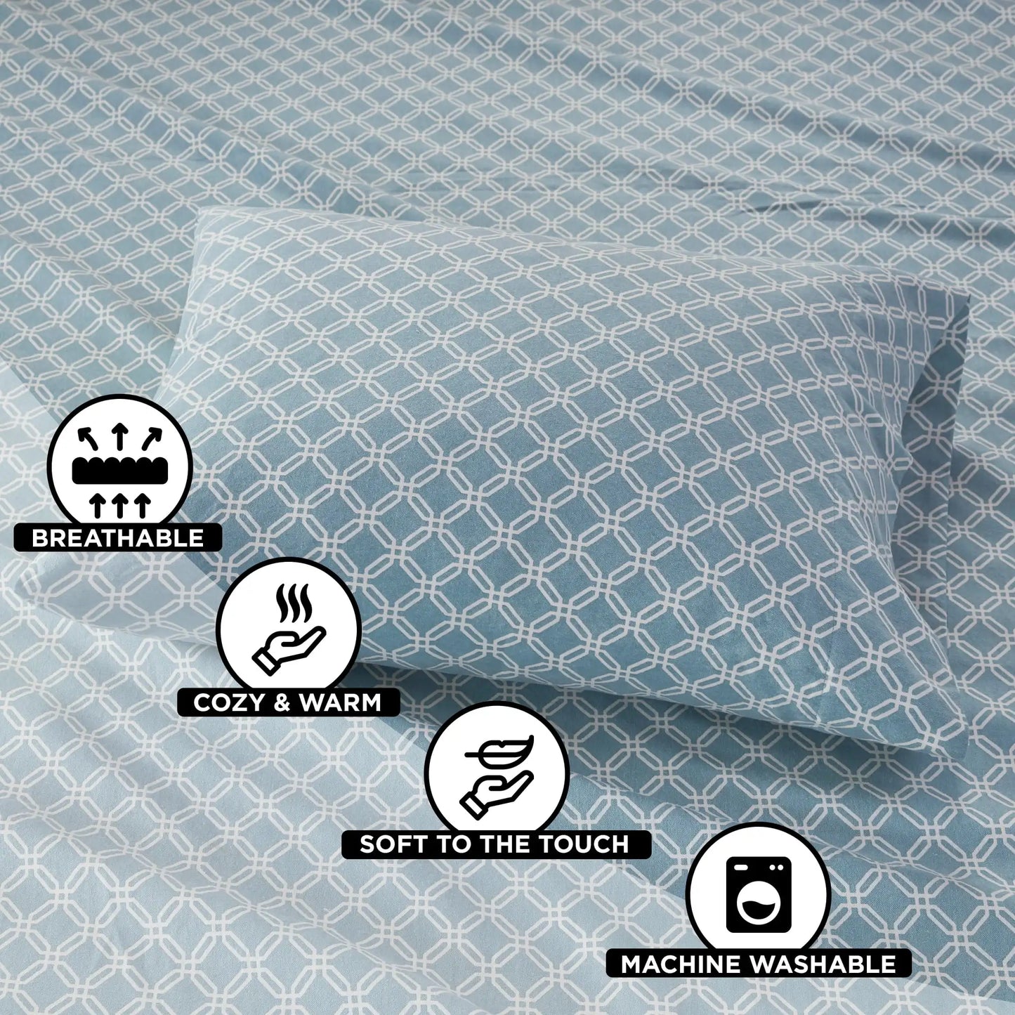 Queen Size Bed Sheets Set, 4-Piece Cozy Cotton Flannel Sheets Set Queen with Deep Pocket Fitted Sheet, Blue Geo