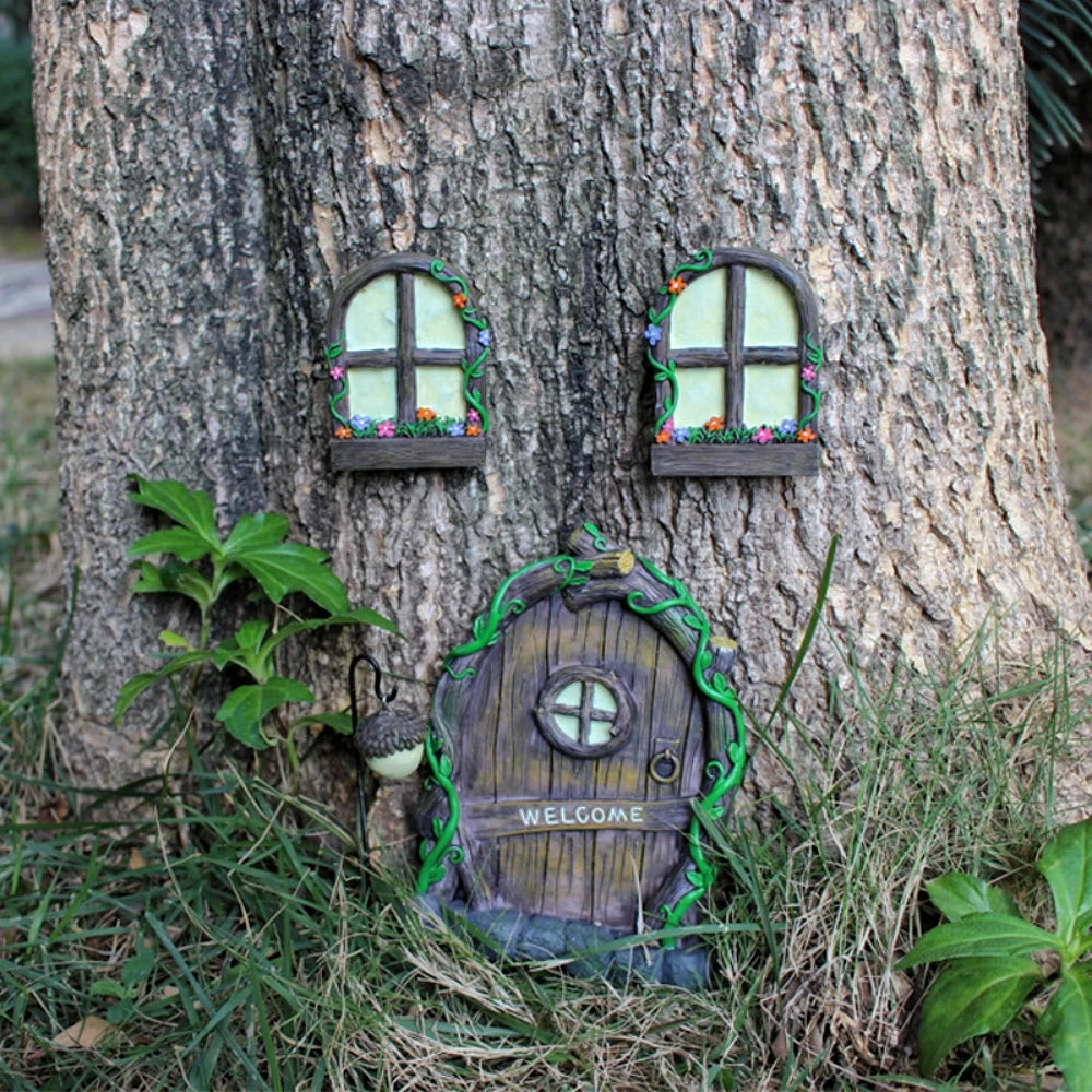 Fairy Mushroom Fairy Door and Windows for Trees Glow in The Dark Yard Garden Sculpture Lawn Ornament Outdoor Decor Accessories
