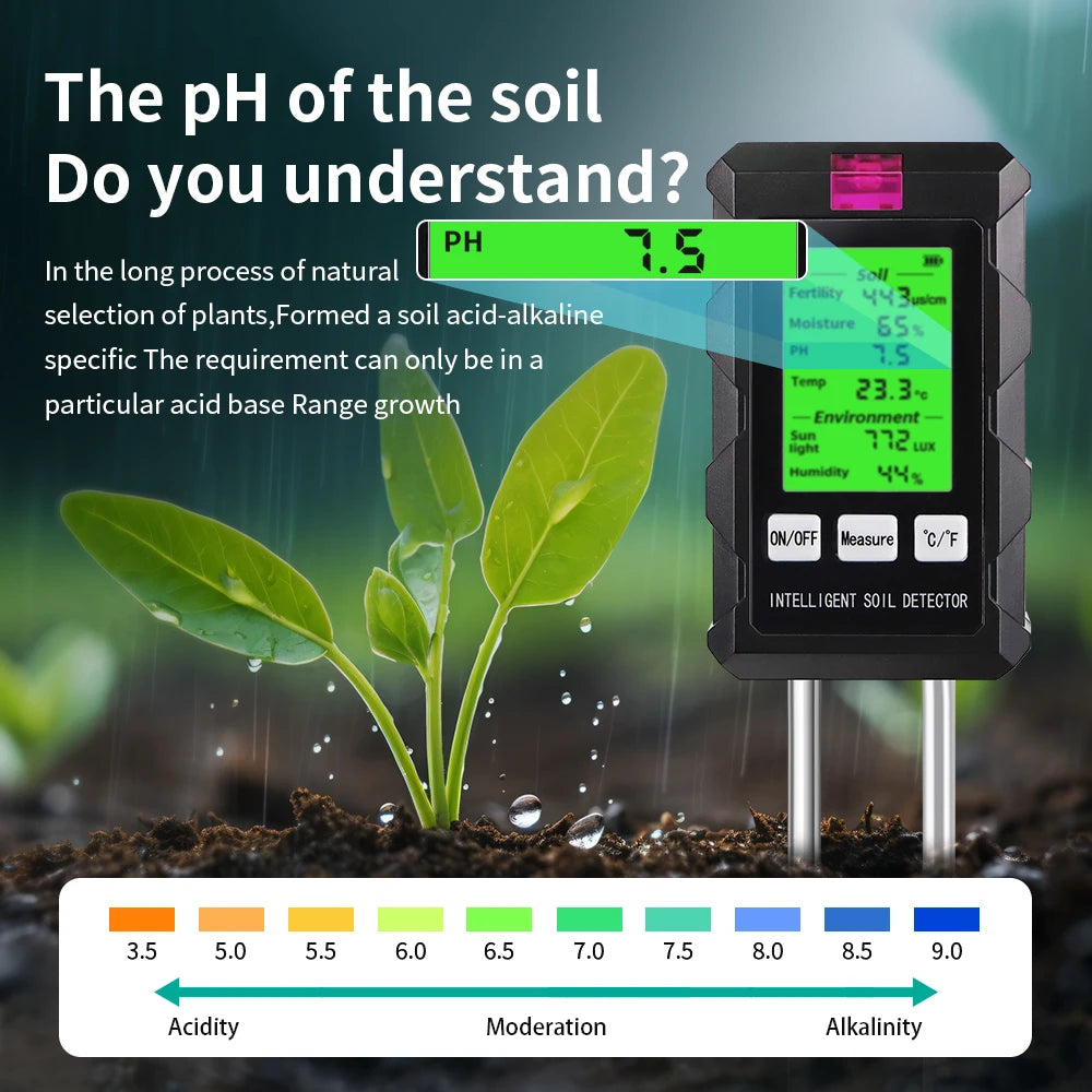 6 in 1 High Accuracy Soil Tester pH Temperature Humidity Sunlight Air Moisture Nutrient Fertility Meter Gardening Planting Tool