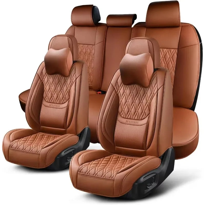 Complete Set Car Seat Covers - Breathable Leather Front & Rear + Headrests, Brown | AlluCanFind