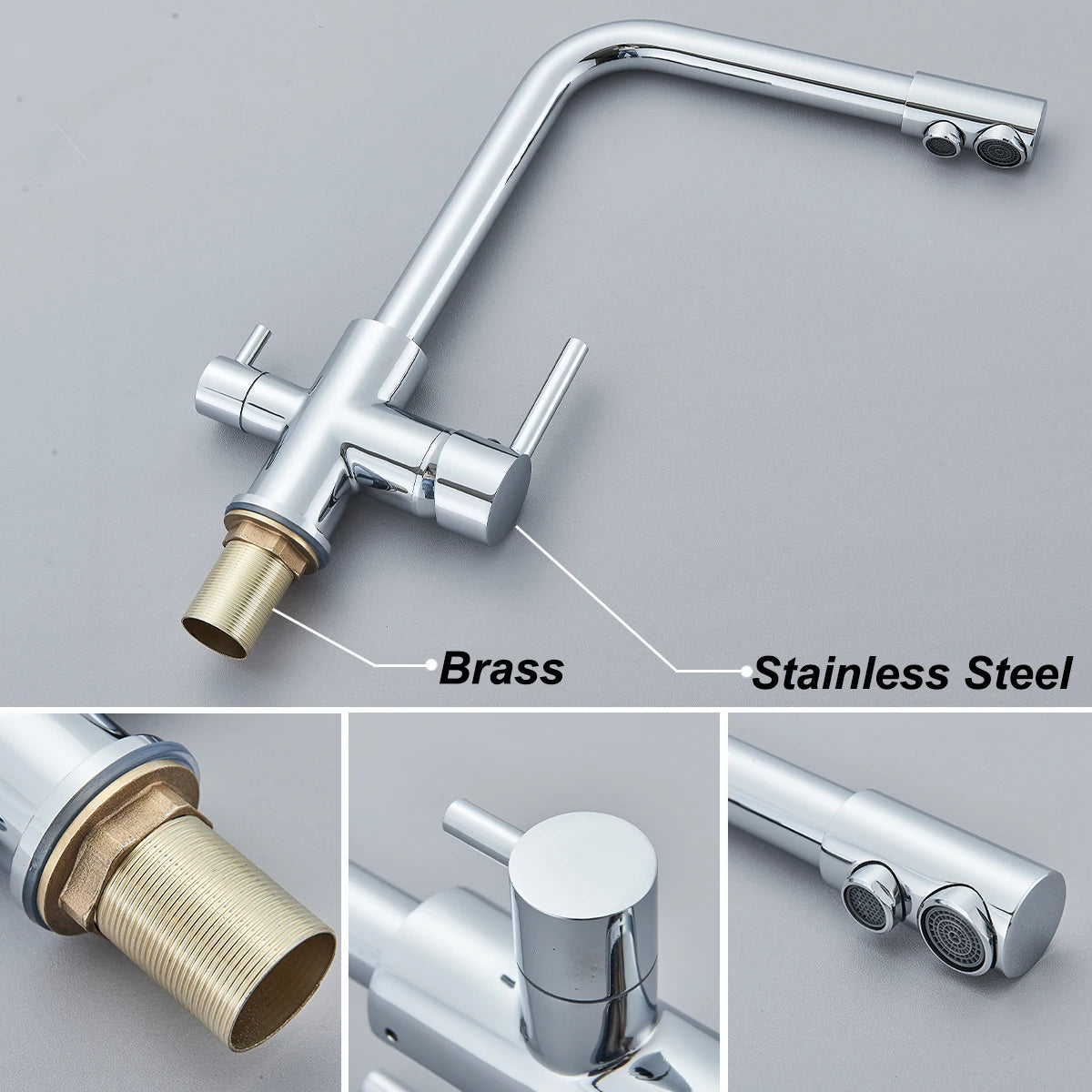 Pure Water Kitchen Faucet Chrome Stainless Steel Dual handle Hot Cold Water Mixer Tap Filtered Deck Mounted Torneira Crane Tap