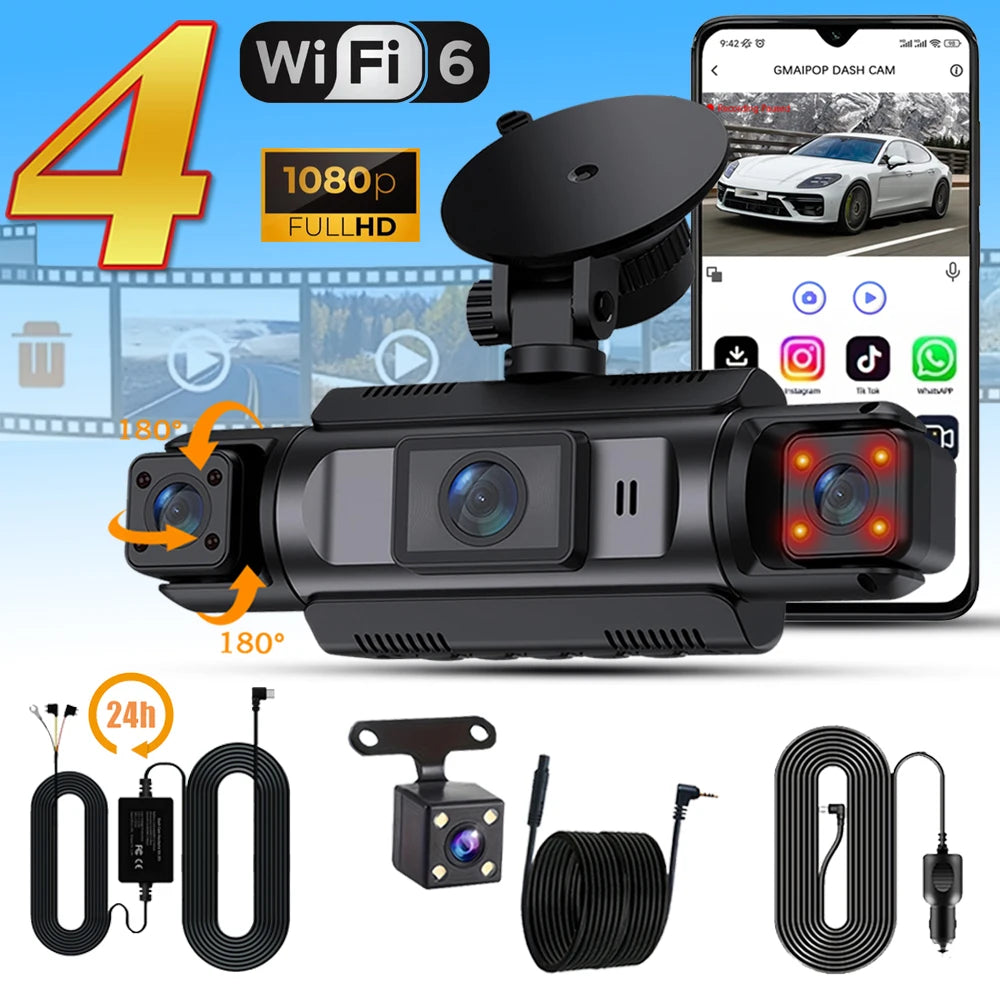 Car Dash Cam 4 Channel Black Box WiFi Driving Camera FHD 1080P Front L