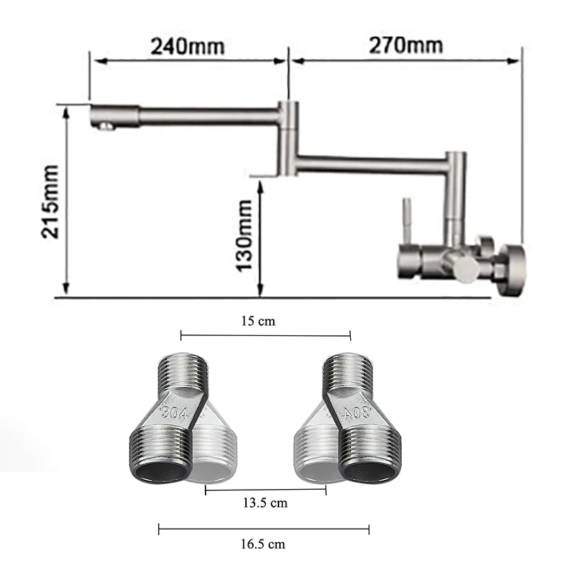 Brushed Kitchen Sink Faucet 304 Stainless Steel In-wall Double Hole 360° Rotation Universal Folding Hot Cold Mixer Kitchen Crane