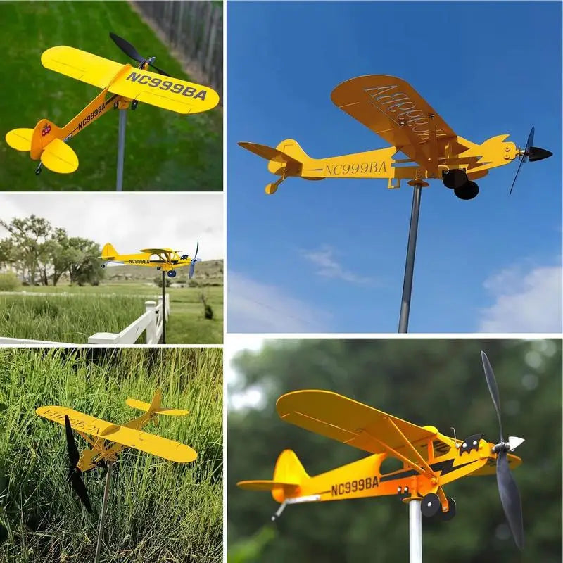 Airplane Wind Spinner 3D Garden Decor Plane Metal Airplane Weather Vane Outdoor Roof Wind Direction Indicator For Porch Backyard