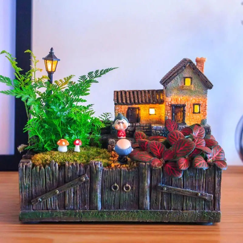 Micro Landscape Succulent Plant Flower Pot with Lamp Creative Cactus Planter Bonsai Cachepot Orchid Vase Home Desktop Decor