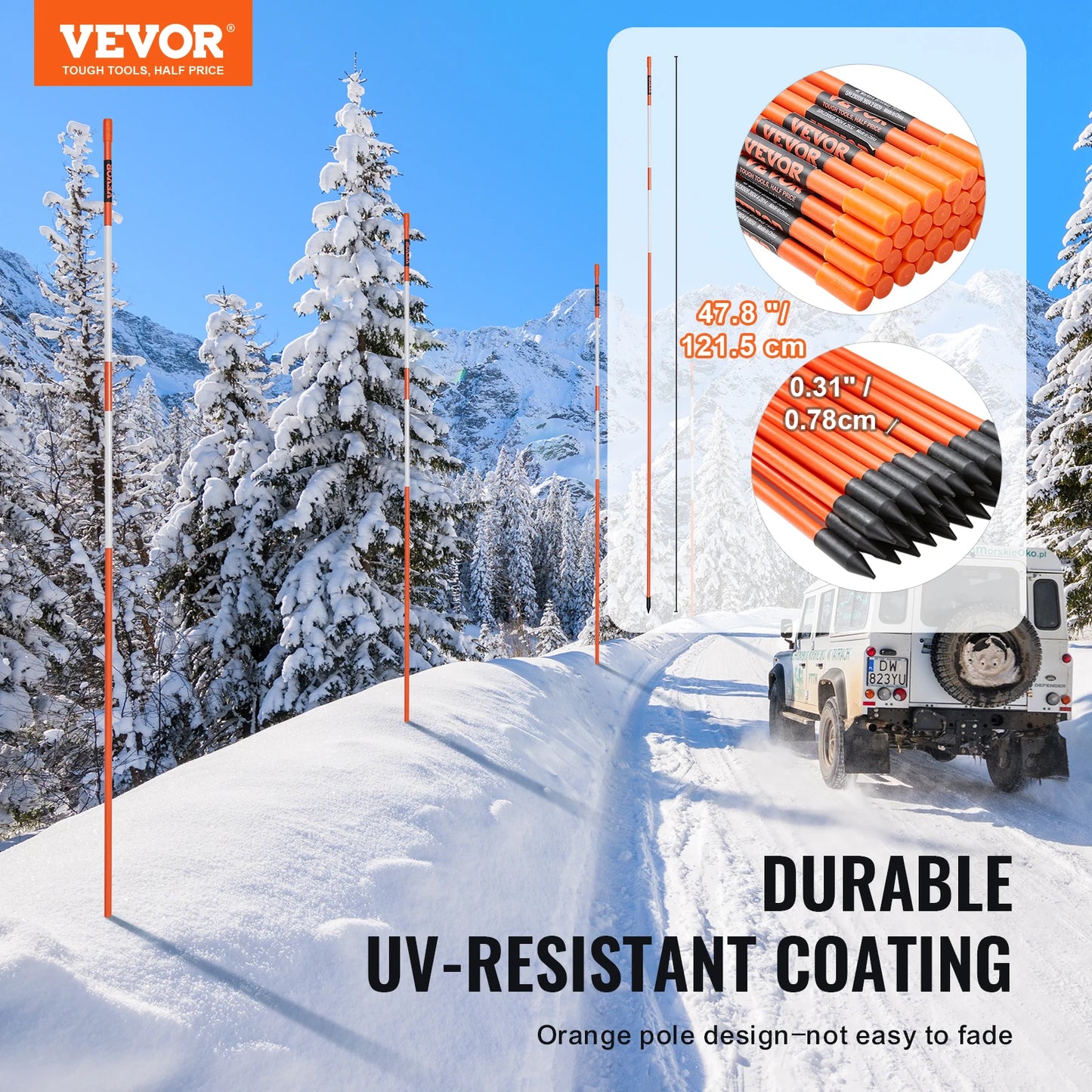 VEVOR Driveway Markers 48 inch 0.4 inch Diameter Fiberglass Poles Snow Stakes For Parking Lots Walkways Easy Visibility