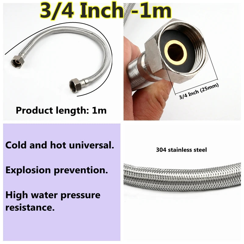 1 PC 1/2, 3/4 Inch 304 Stainless Steel Braided Hose Cold Hot Water Pipe Toilet Faucet Connection Pipe Garden Water Connection