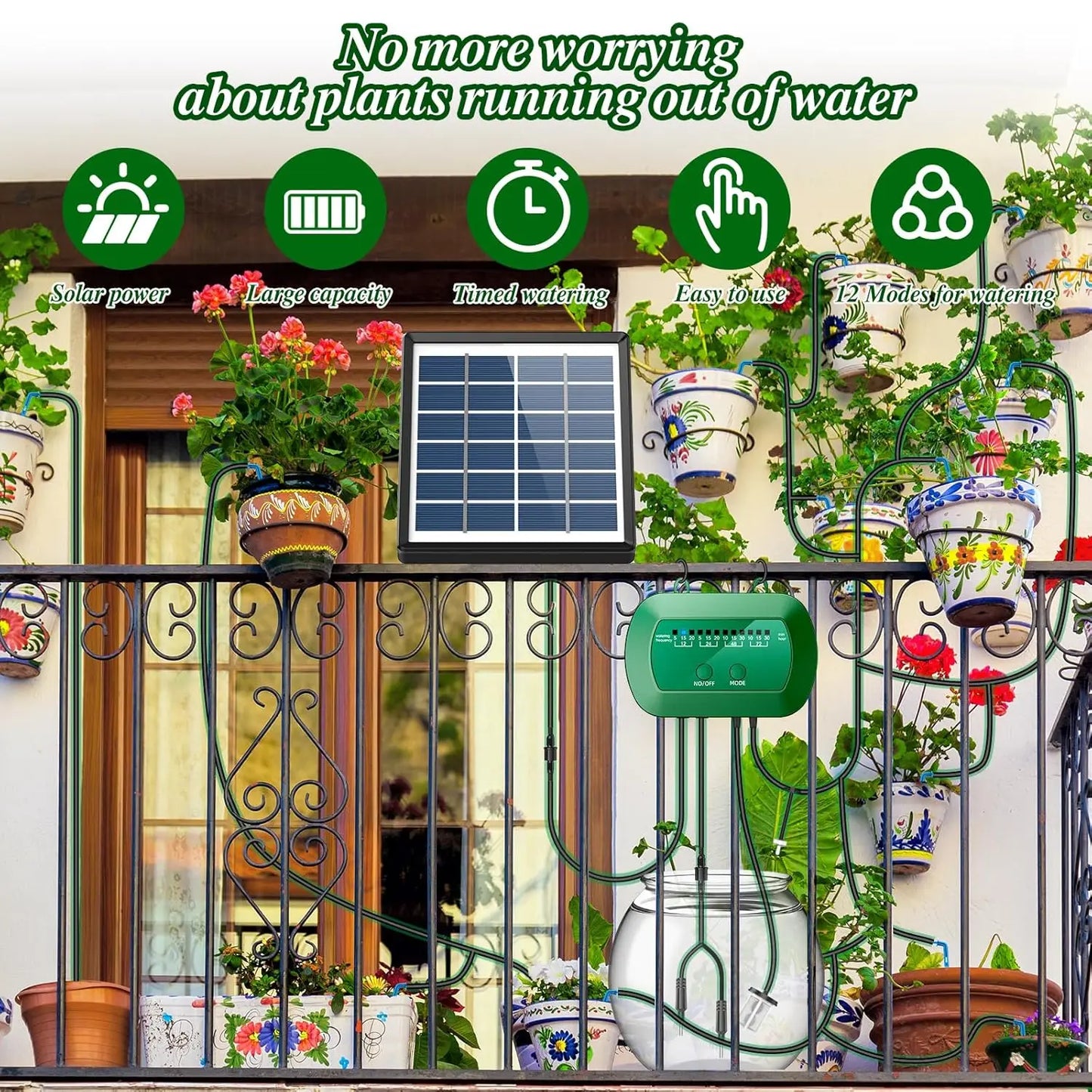 Solar Automatic Watering Kit for Garden Automatic Drip Watering System with 15m Water Hose Automatic Watering Timer for Holidays