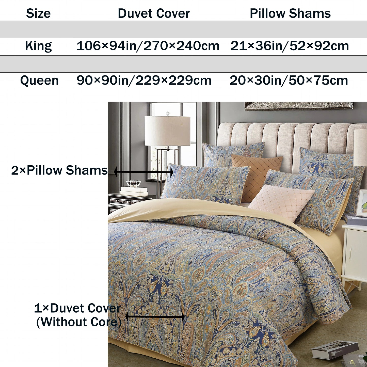 3pcs 600TC 100% Egyptian Cotton Duvet Cover Set, Vintage Bohemian Paisley Royal, Soft Skin-Friendly (No Inserts)