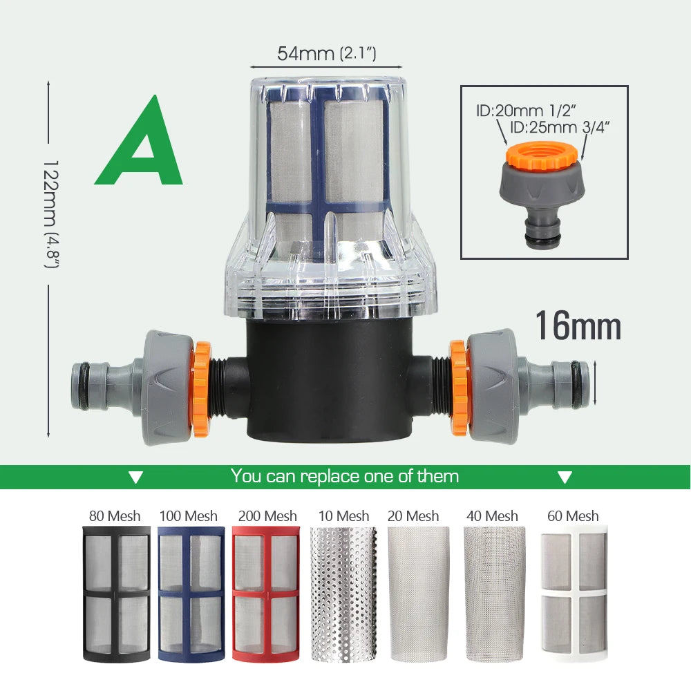 10-200 Mesh Filter 1/2" Garden Hose Filter 16mm Pacifier Quick Connector Agricultural Irrigation Pipe Tube Prefilter Percolator