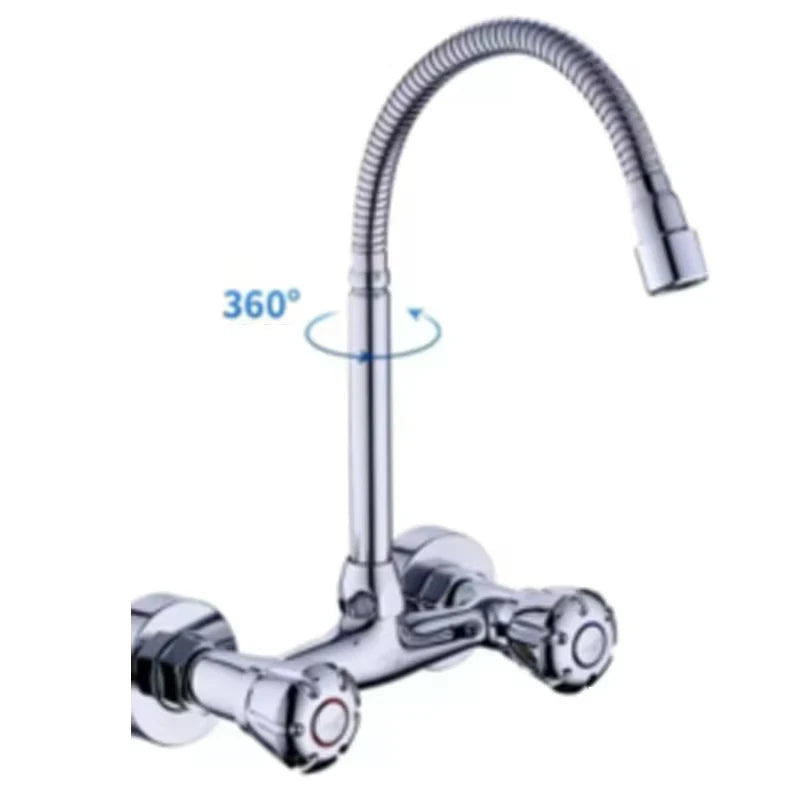 Brushed Kitchen Sink Faucet 304 Stainless Steel In-wall Double Hole 360° Rotation Universal Folding Hot Cold Mixer Kitchen Crane