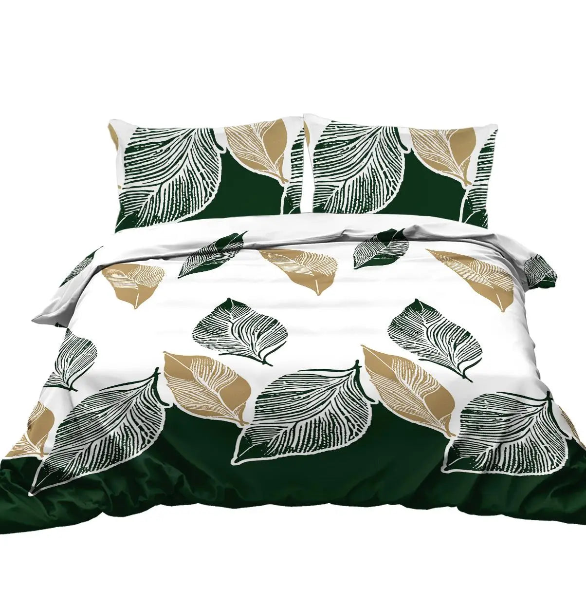 3Pc King Size Green Gold Tropical Duvet Cover Set - Botanical Palm Leaves Microfiber Bedding with 2 Pillowcases