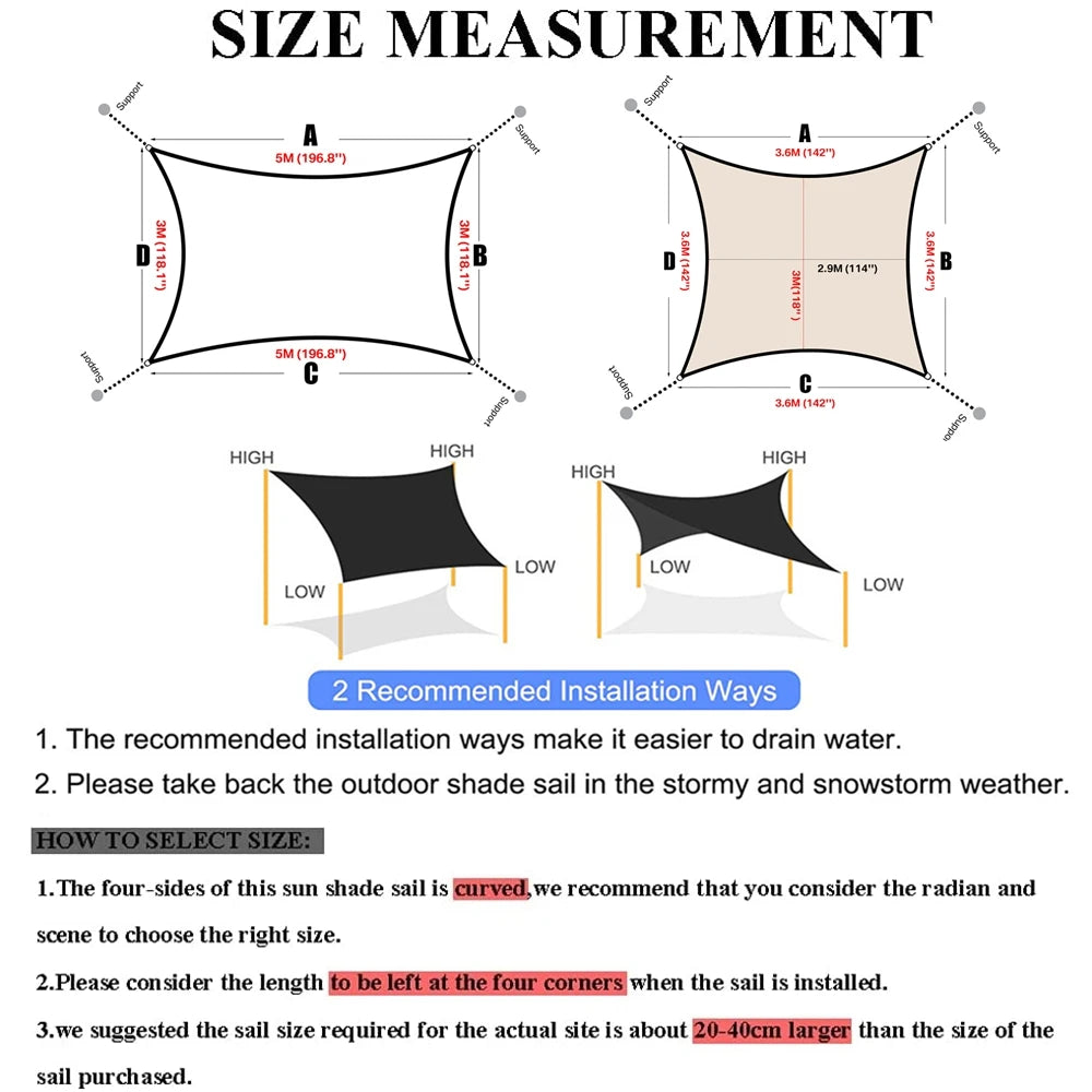 98%UV Block Water Resistant Shade Sail Sun Sail Shelter Canopy Pool Rectangle Square 4x3m/3x2M For Garden Terrace