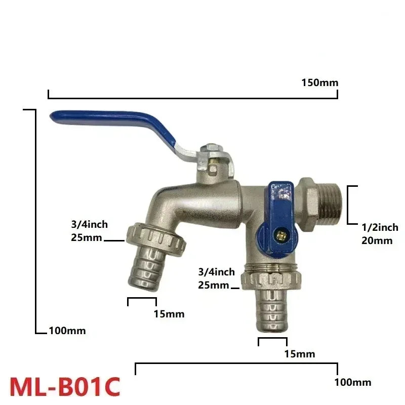 1/2'' 3/4'' Double Head Water Faucet Water Splitter Connector Coupling Adapter Valve Switch Garden Hose Irrigation Tap Joint