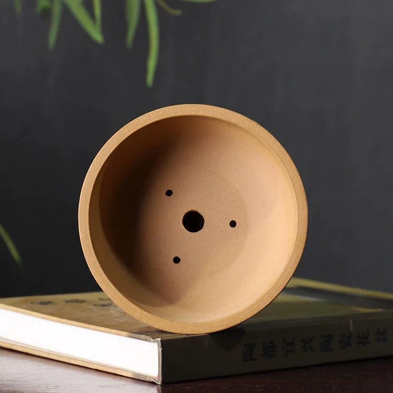 Ceramic Circle Drum-nail Pattern Bonsai Pot, Purple Sand,Traditional Chinese Dormitory Room Table, Garden Decoration, Home Table