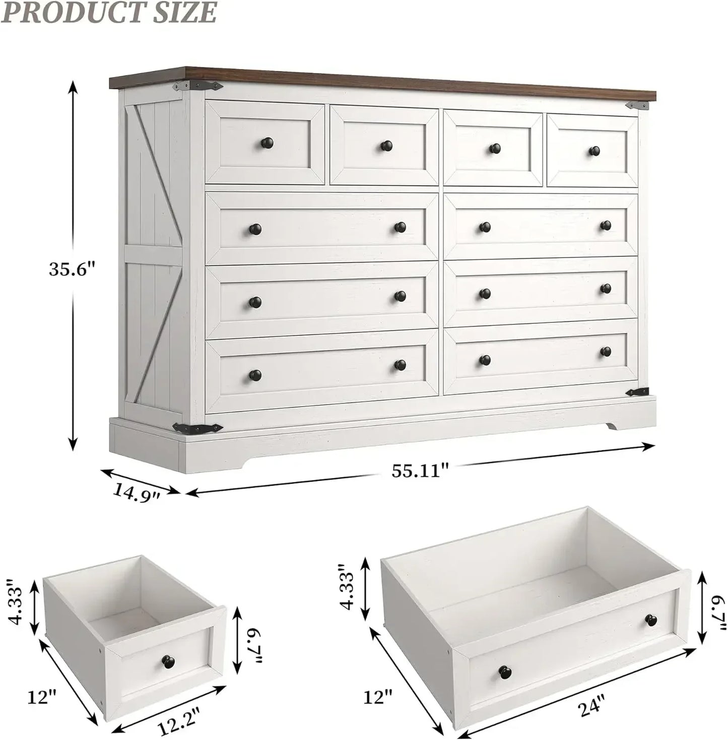 White 10-Drawer Dresser, 55'' Wide Bedroom Chest, Antique Storage Cabinet