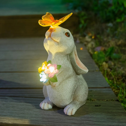 Outdoor Rabbit Statue Decoration With Solar Powered Butterfly Light Resin Art Deco Rabbit Figurine For Garden Lawn Patio