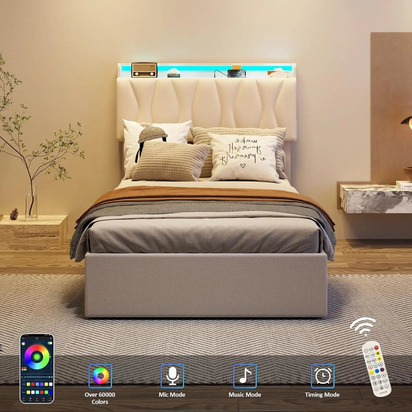 Vabches Lift Up Twin Size Bed Frame with Storage Headboard Upholstered Platform Bed Frame w Charging Station&LED Light Bedroom