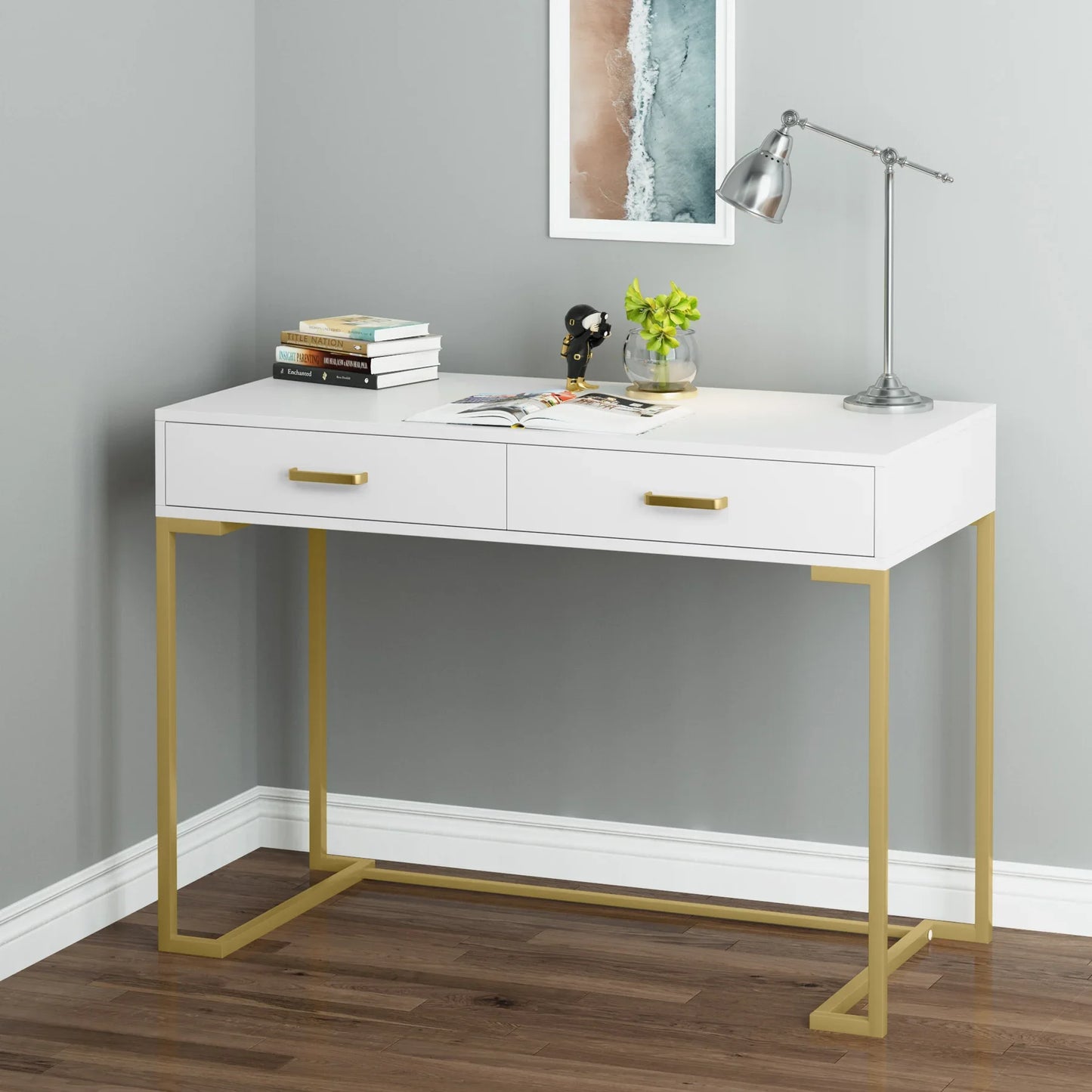Tribesigns Vanity Desk with 2 Drawers,White and Gold Small Makeup Vanity,Modern Vanity Table Dressing Desk for Women Girls Gift