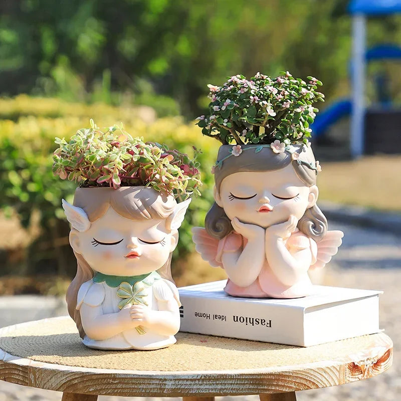 7 inch Cute Angel Girl Face Planter Pot with Drainage Hole, Resin Fairy Tale Planter Ornamental Statues for Home Office Decor