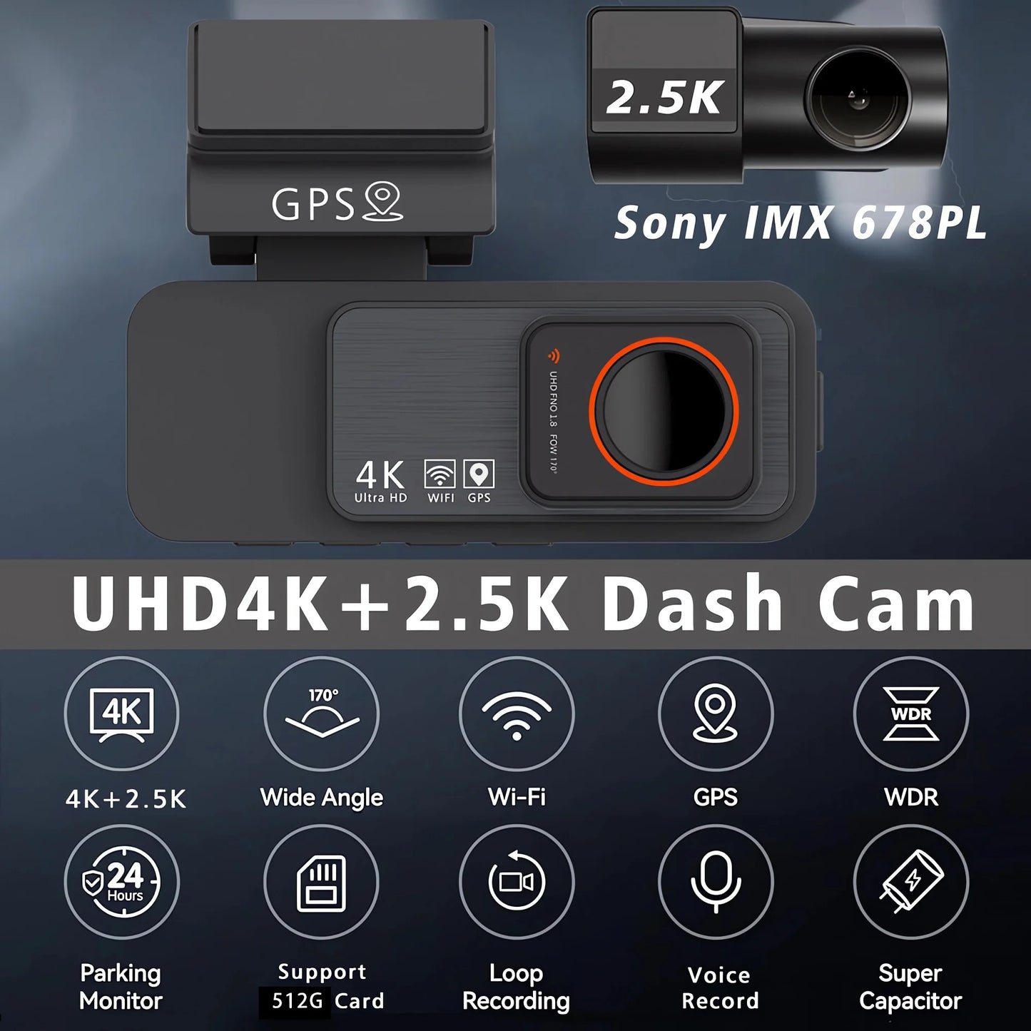 Dash Cam Dual Lens 4K UHD Recording Car Camera DVR Night Vision Video