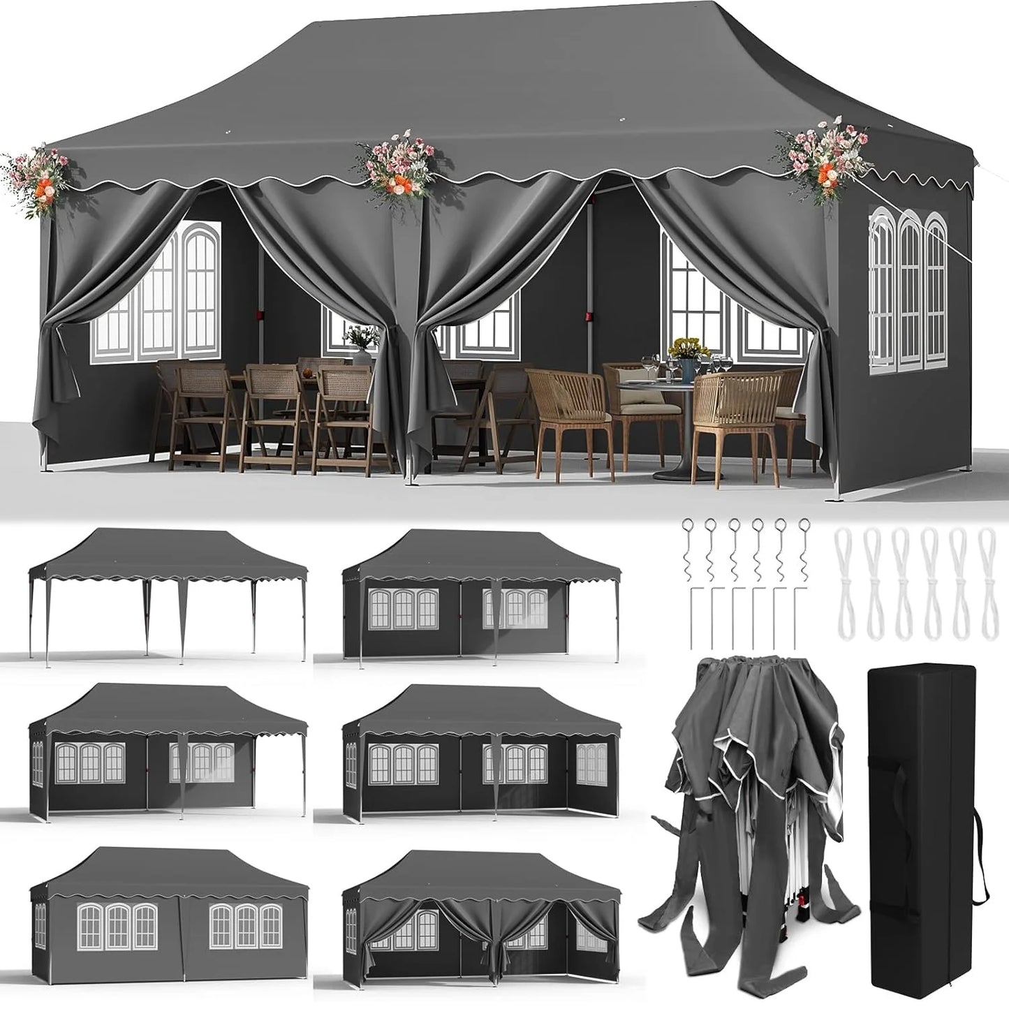 Pavilion Popup Gazebo 3x6m Waterproof Folding Gazebo Tent Party Tent 6 Side Panels Fully enclosed UV 50+ Height Adjustable 2-3M
