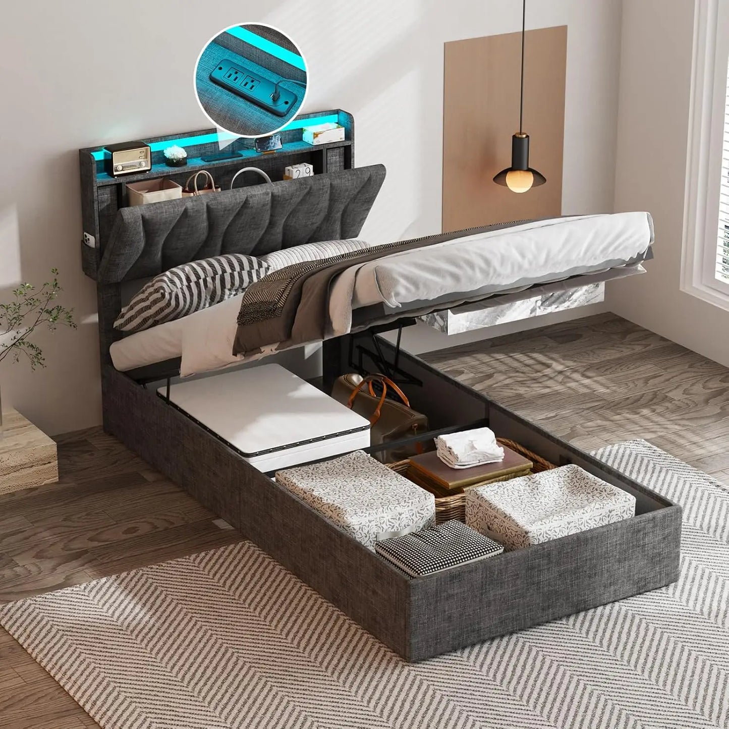 Vabches Lift Up Twin Size Bed Frame with Storage Headboard Upholstered Platform Bed Frame w Charging Station&LED Light Bedroom