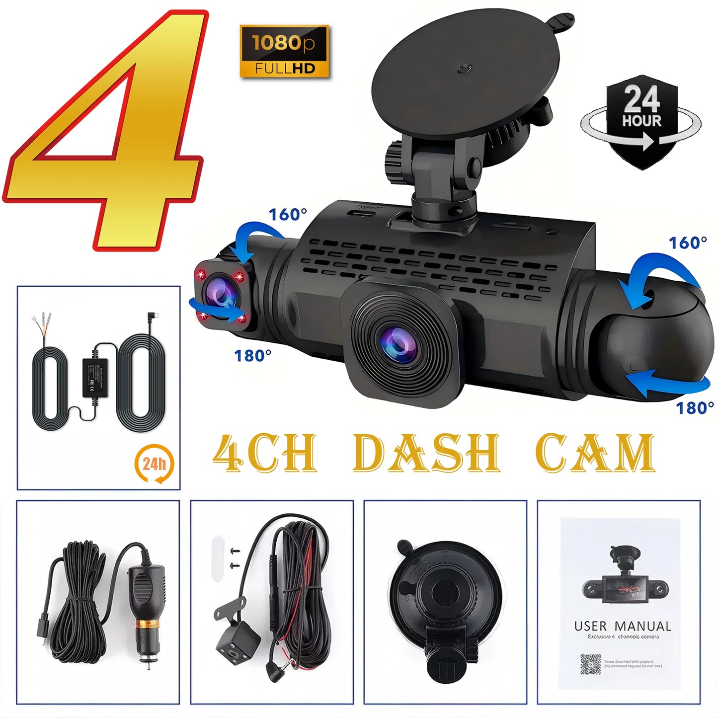 Car Dash Cam 4 Channel Black Box Driving Camera FHD 1080P Front Left R