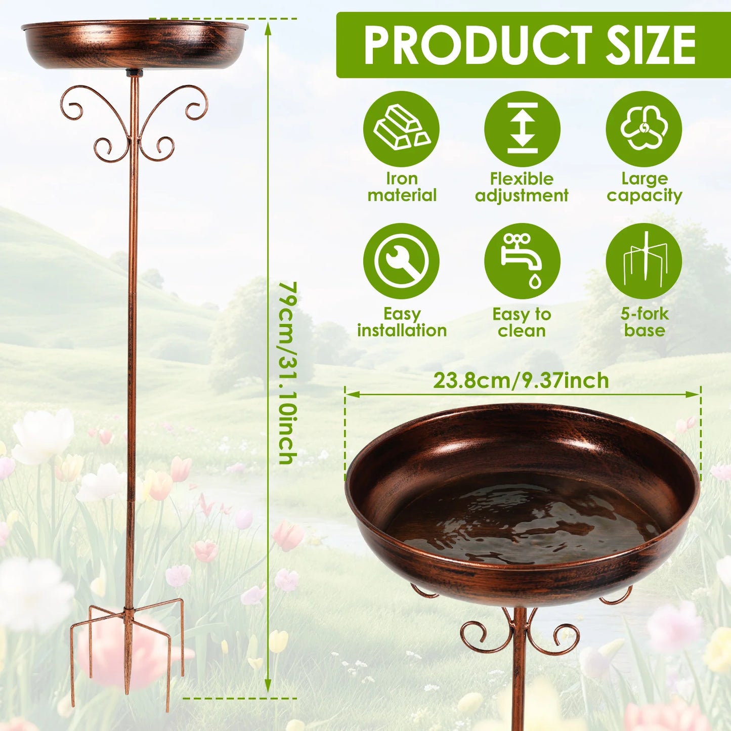 Bird Bath Feeder Bowl Metal Garden Birdbath with 5 Prong Stakes Outdoor Standing Bird Bath Bowls for Patio Outside Yard Decor