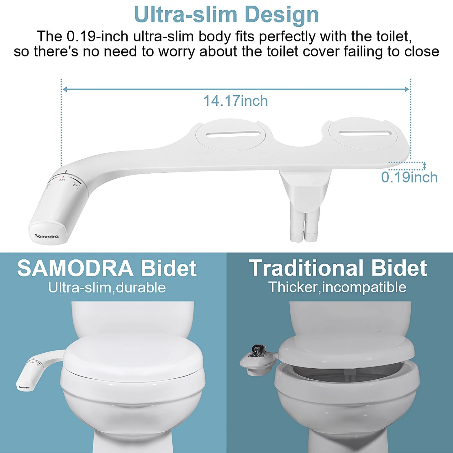 SAMODRA Bidet Attachment Ultra-Slim Toilet Seat Attachment Dual Nozzle