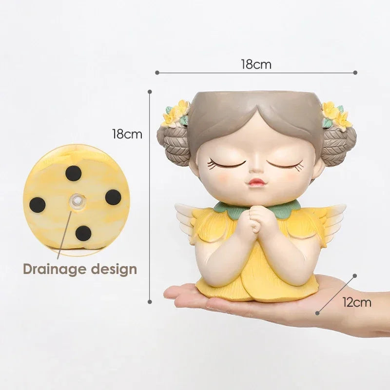 7 inch Cute Angel Girl Face Planter Pot with Drainage Hole, Resin Fairy Tale Planter Ornamental Statues for Home Office Decor