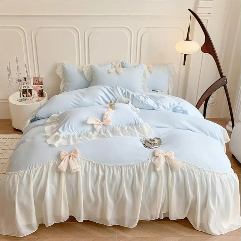 Ruffled Duvet Cover Set with Bowknot Tie and Zipper Closure Soft Microfiber Includes Pillowcases Chic Bedding Bedroom Decor