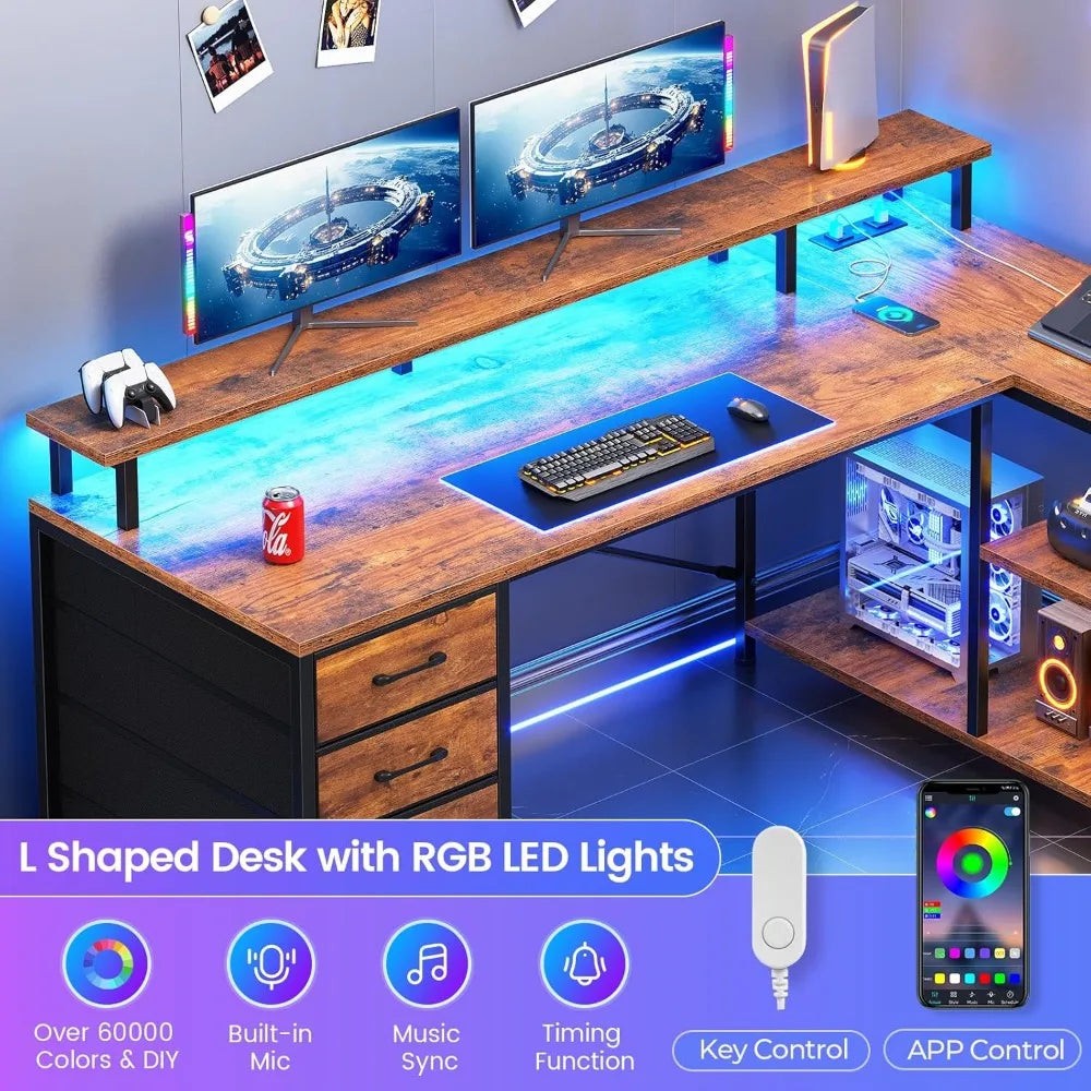 L Shaped Desk with 4 Drawers and Storage Shelves, L Shaped Gaming Desk