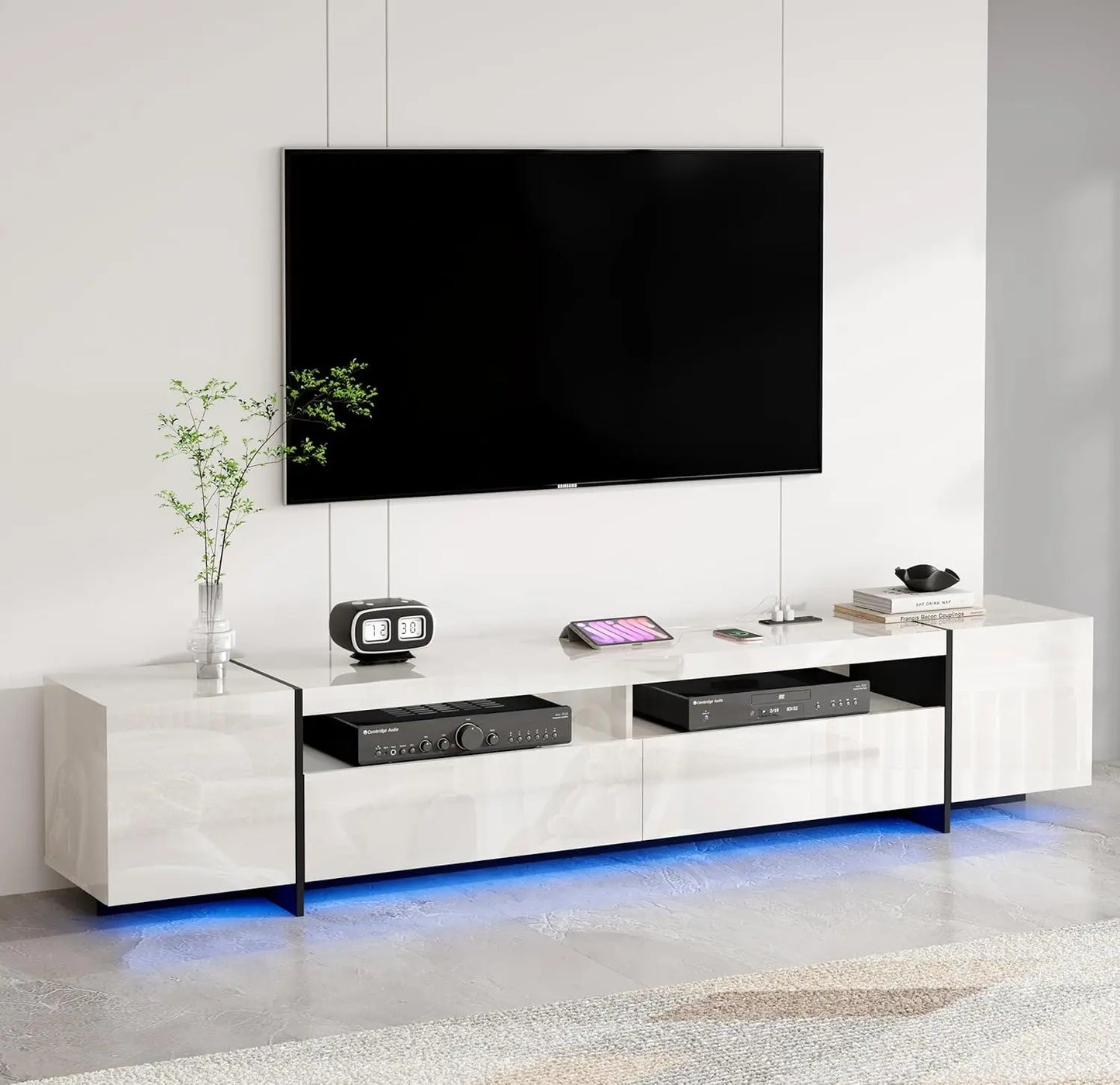 94.5" W TV Stand for Up to 100" TV, Modern Entertainment Center with LED Lights and Power Outlets, Media Console with Cabinet