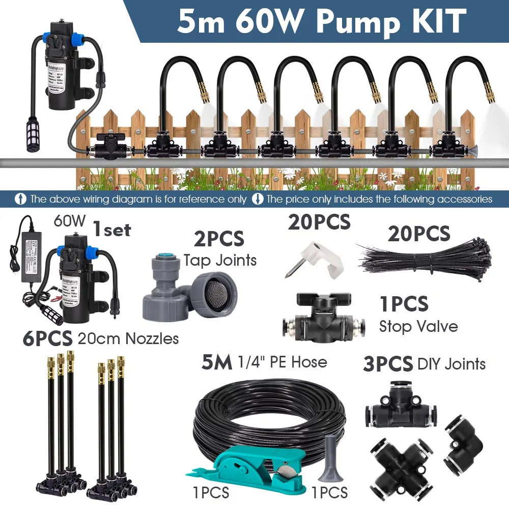 60w Self-priming Pump Garden Misting Cooling System 360° Free-bend Misting Nozzle Adjustable Fine Atomizer for Outdoor Watering