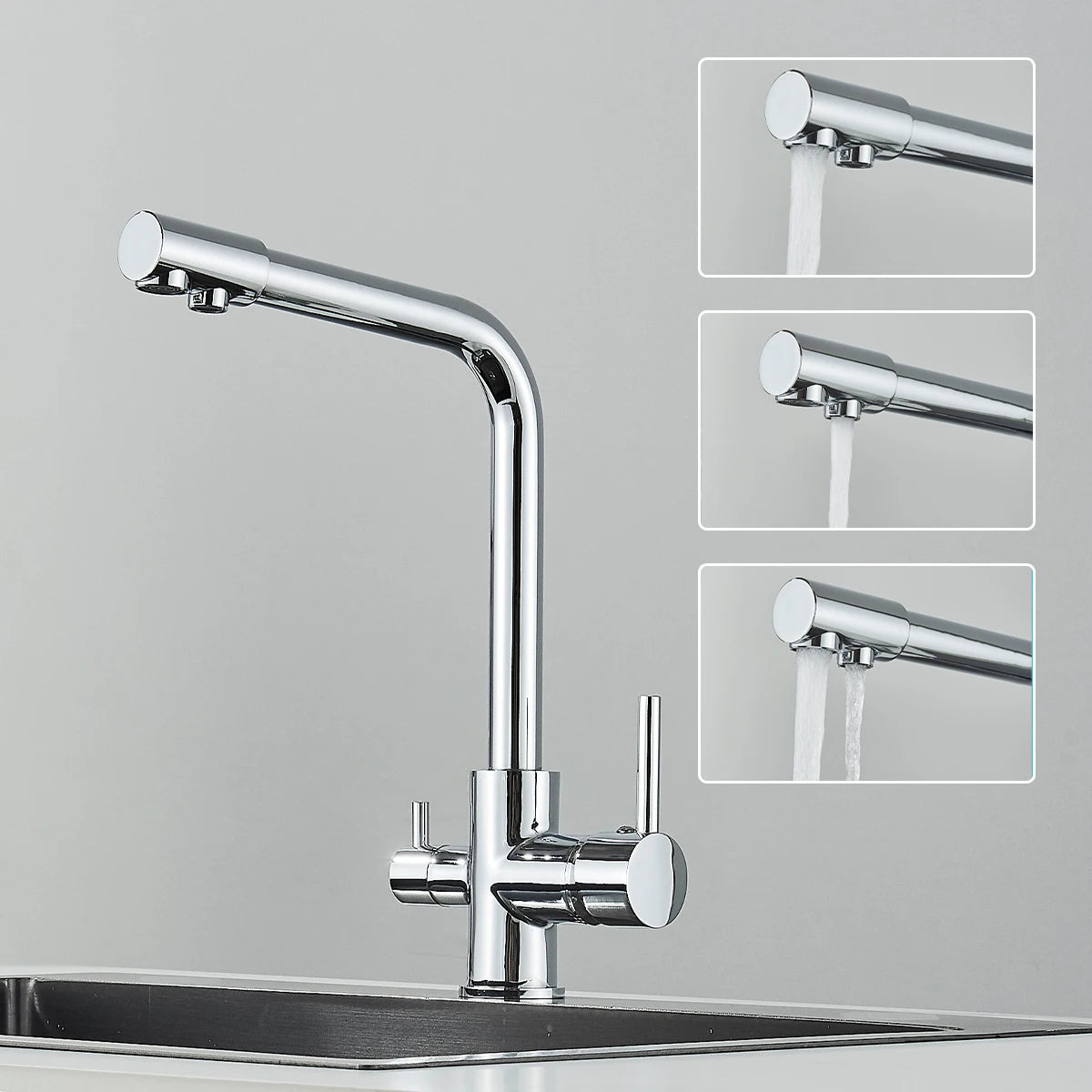 Pure Water Kitchen Faucet Chrome Stainless Steel Dual handle Hot Cold Water Mixer Tap Filtered Deck Mounted Torneira Crane Tap
