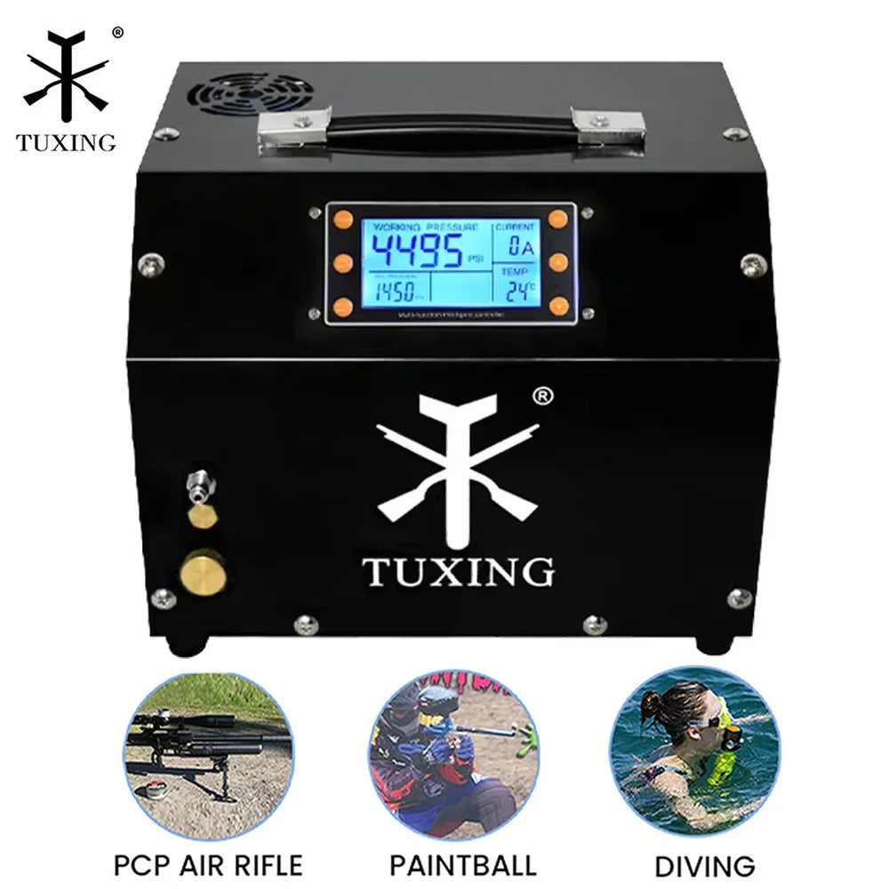TUXING 4500Psi 300Bar PCP Air Compressor with LCD Display Digital Control Compressor Auto-Stop 12V Power Adapter for PCP Tank