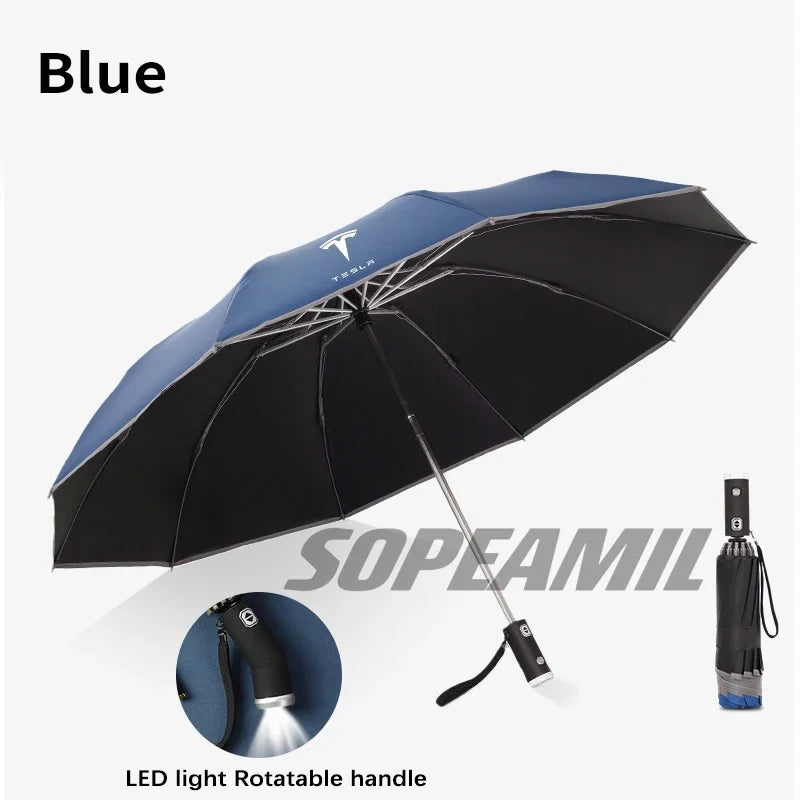 Car Led Light Automatic Folding Windproof Sunshade Umbrella For Tesla Model 3 Model Y Model S Model X Cybertruck Beast Roadster
