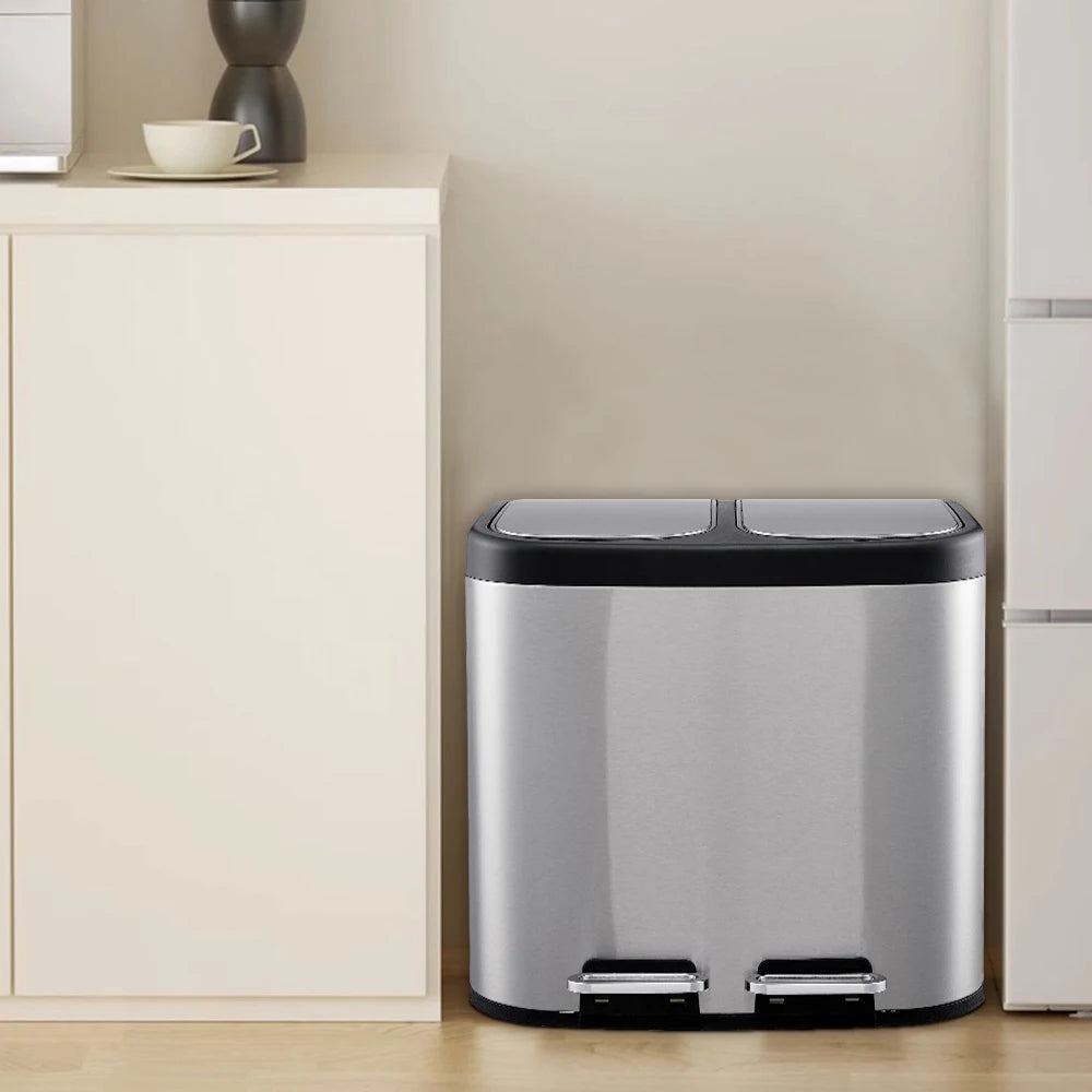 【Lifeideas】30 L/8 Gallon Trash Can, Rectangular Dual Compartment Recycling Step Bin, Stainless Steel Kitchen Trash Can
