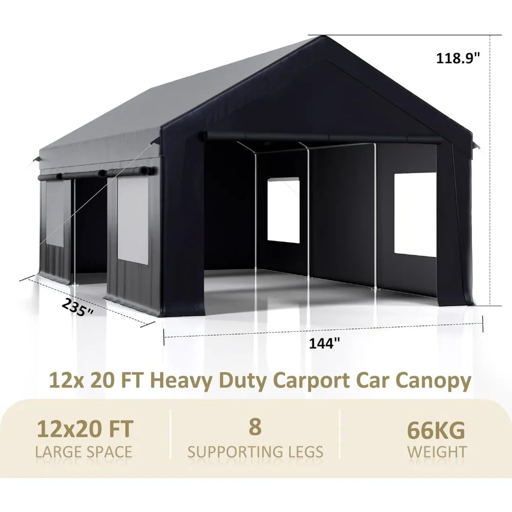 Carport 12' x 20' Heavy Duty Portable Garage, Side-Opening Door & Roll-Up Windows, Car Canopy Reinforced Four-Hole Base, Carport