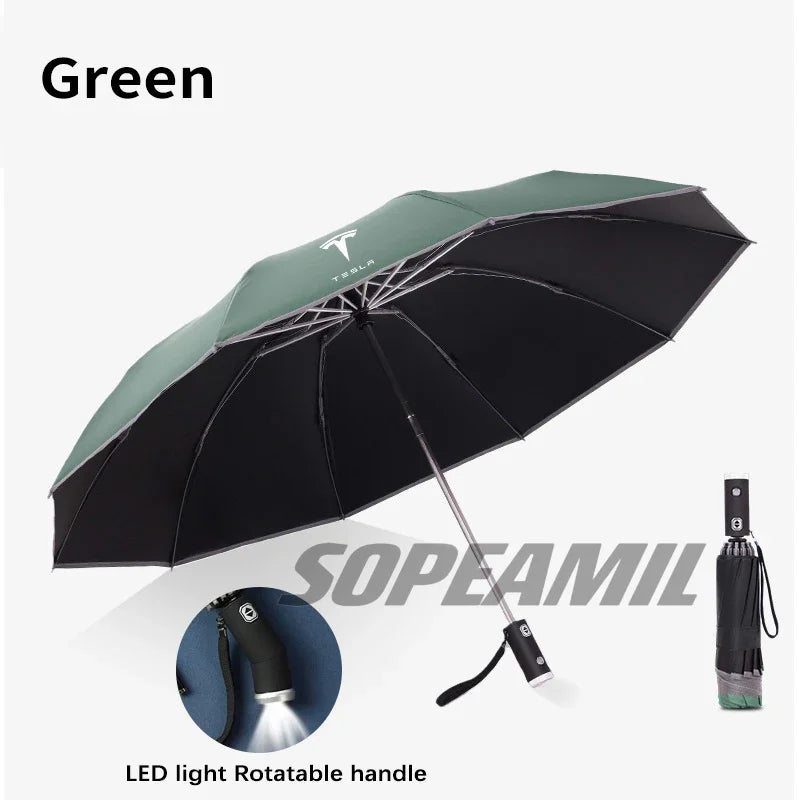 Car Led Light Automatic Folding Windproof Sunshade Umbrella For Tesla Model 3 Model Y Model S Model X Cybertruck Beast Roadster