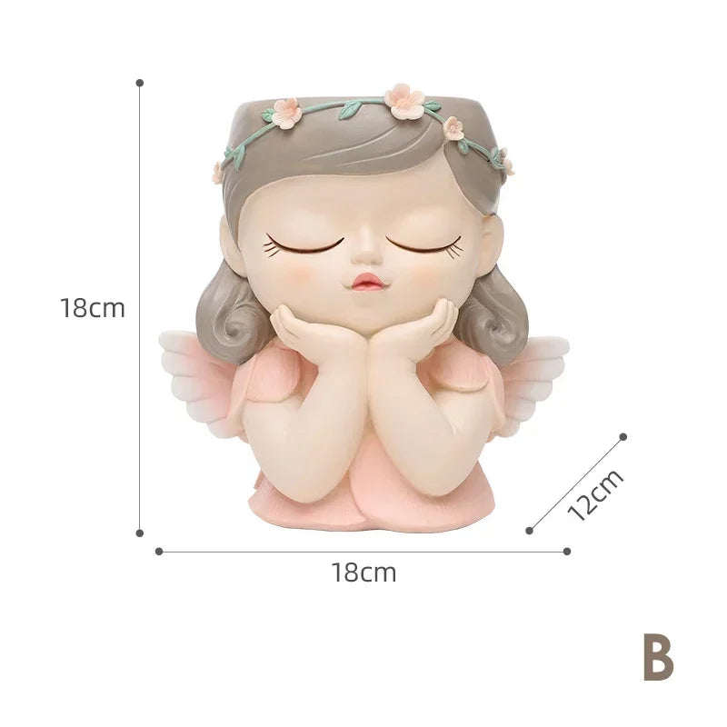7 inch Cute Angel Girl Face Planter Pot with Drainage Hole, Resin Fairy Tale Planter Ornamental Statues for Home Office Decor