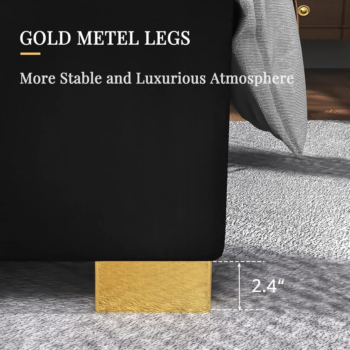 King Size Platform Bed Frame, 65" Velvet Upholstered Bed with Gold Trim Headboard/Wooden Slats/No Box Spring Needed/Black