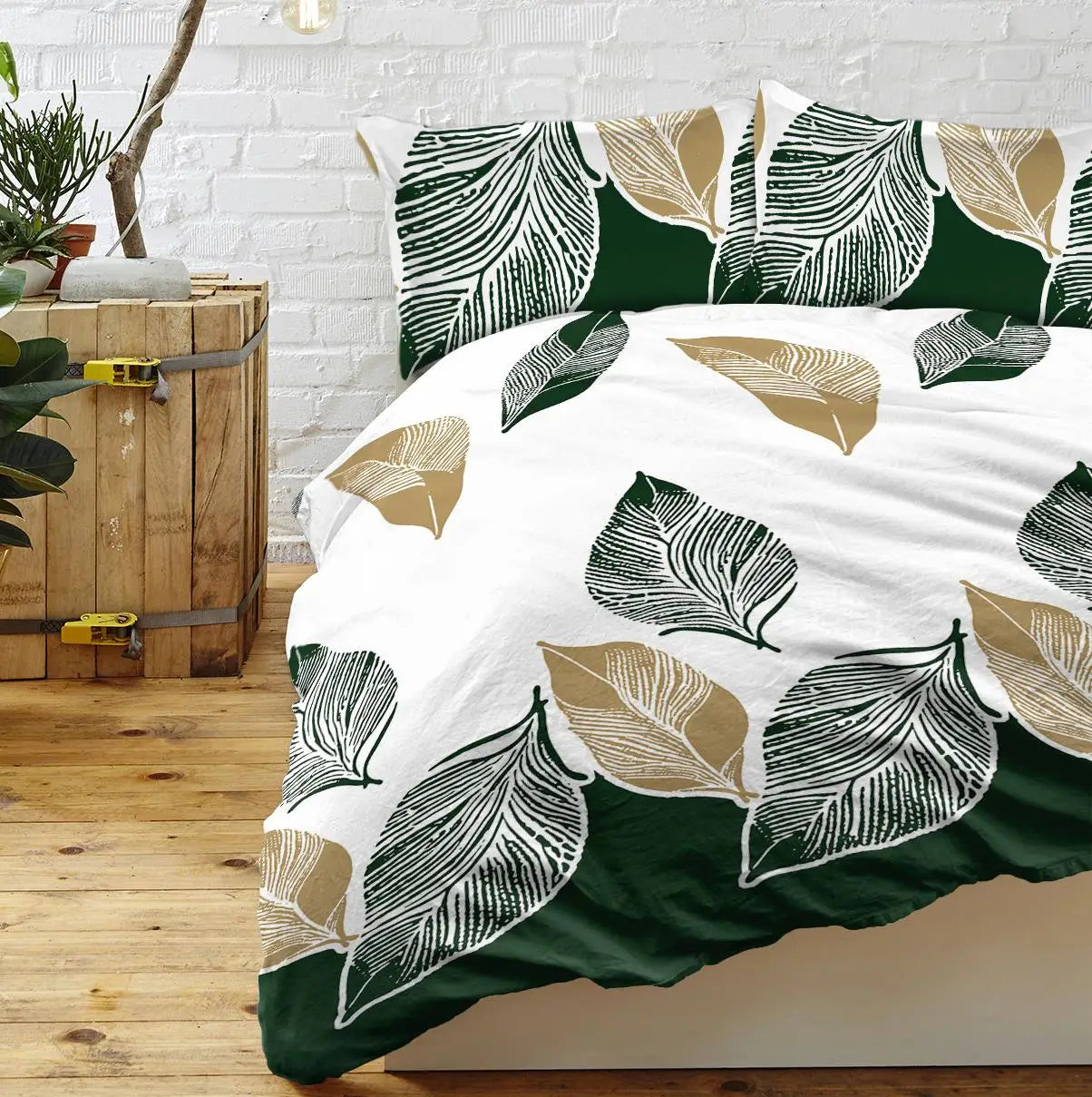 3Pc King Size Green Gold Tropical Duvet Cover Set - Botanical Palm Leaves Microfiber Bedding with 2 Pillowcases