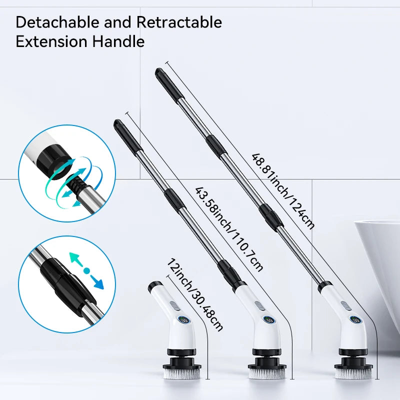 Electric Spin Scrubber Shower Scrubber Cordless Cleaning Brush with 7 Replaceable Brush Heads and Squeegee Adjustable Extension