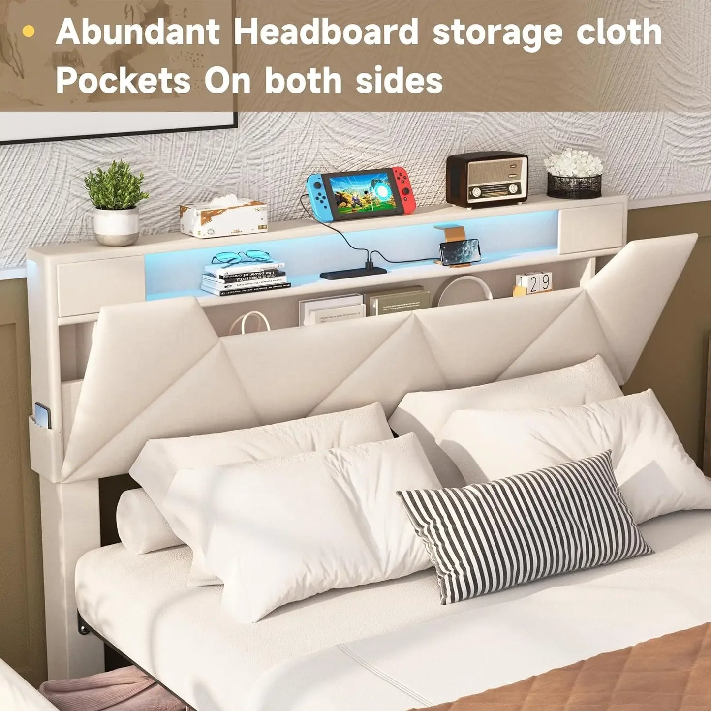 Vabches Bed Frame Queen with Storage Headboard&4 Drawers Upholstered Platform Bed Frame with Charging Station&LED Lights Bedroom