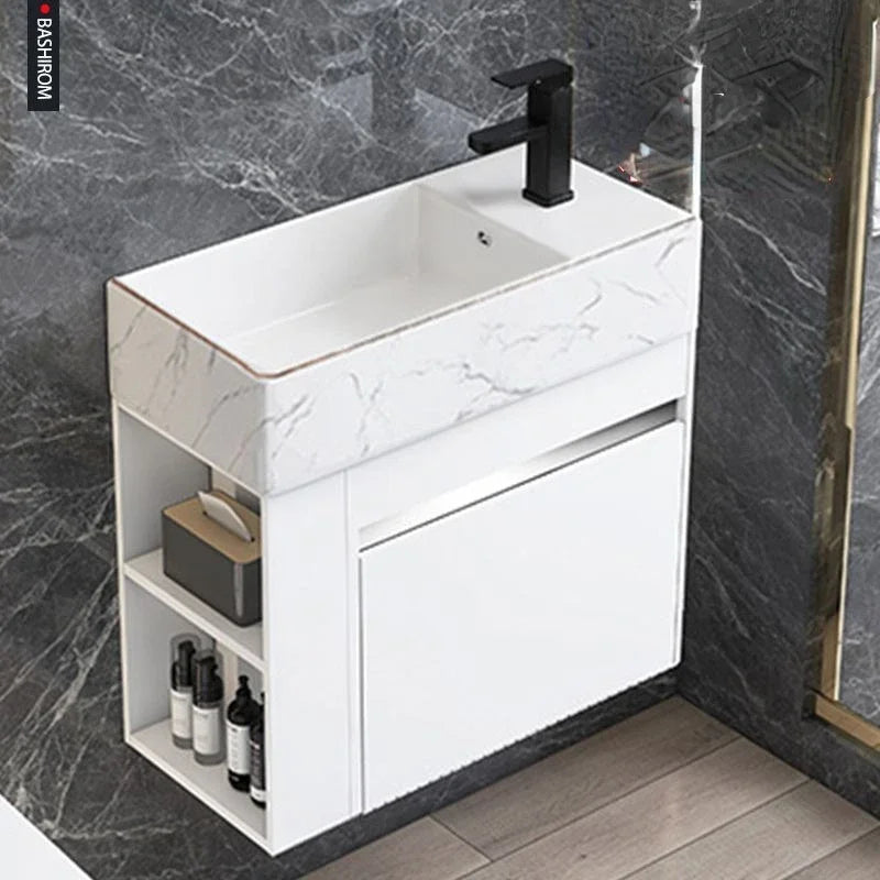 Minimalist Mini Bathroom Cabinet with Side Storage Ceramic Integrated Basin Bathroom Vanity Cabinet with Sink Bathroom Furniture
