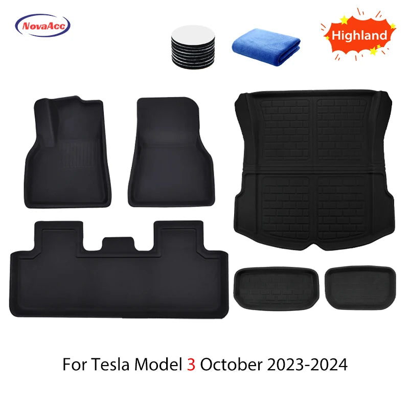 NovaAcc For Tesla Floor Mats Model Y 2017-2024 Model 3 2021 to 2024 Highland All Weather Trunk Mats Floor Liner Car Accessories