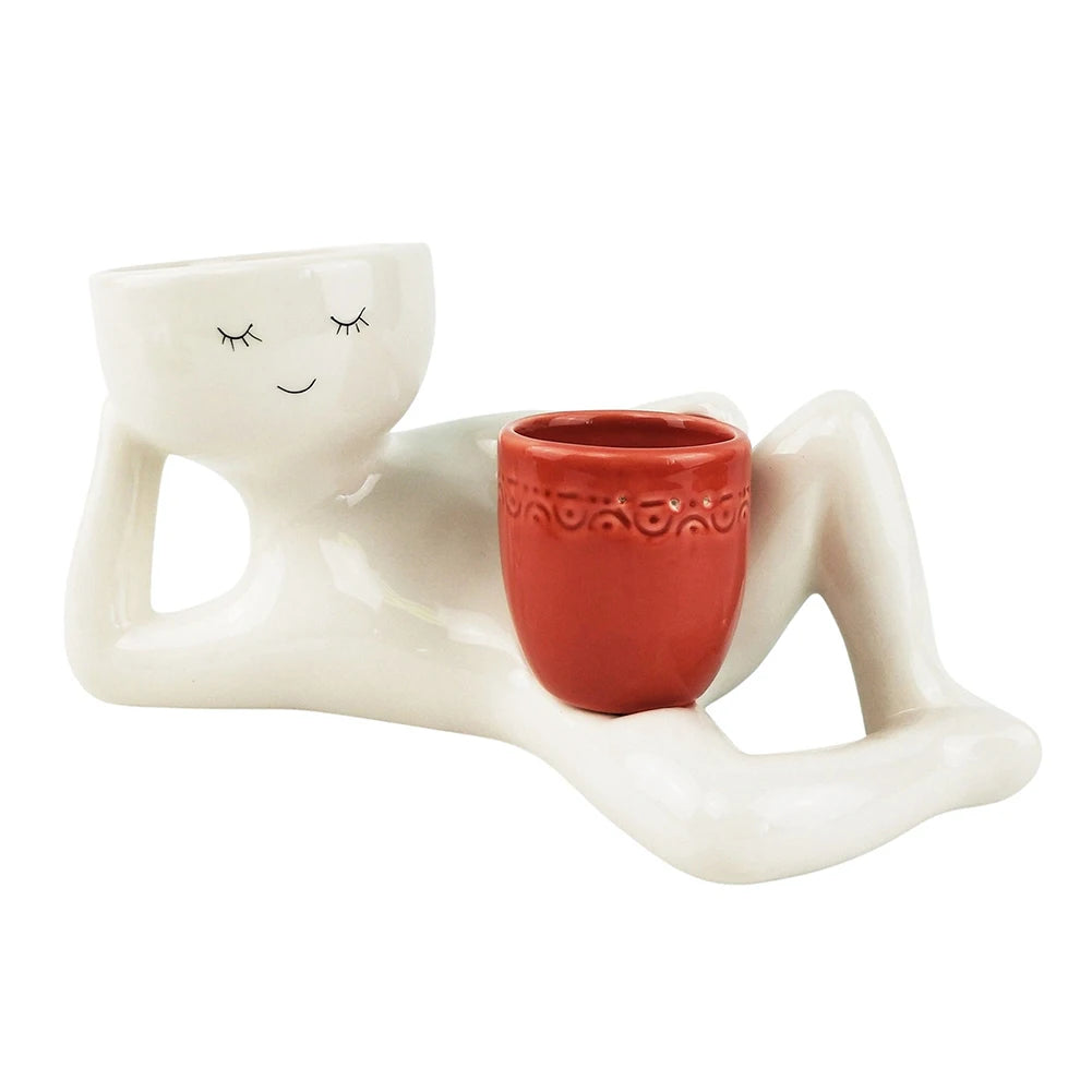 Relaxing Person Holding Pot Planter with Drainage Hole Funny Succulent Pot Resin Desktop Body Flower Pot Home Office Decor